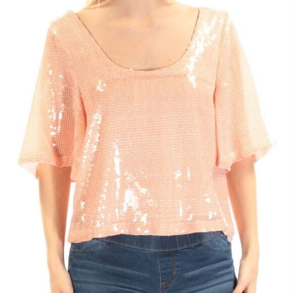 Free People Night Fever Peach Sequin Blouse - Picture 1 of 12